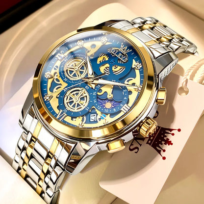 Montre pour homme OLEVS – Modèle de luxe, étanche, à quartz, style squelette, affichage 24 heures (jour/nuit), coloris doré