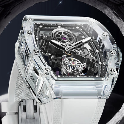 BONEST GATTI Automatic Movement Tourbillon Mechanical Wristwatch Crystal Case Luminous Watch Fluororubber Strap Watches for Men