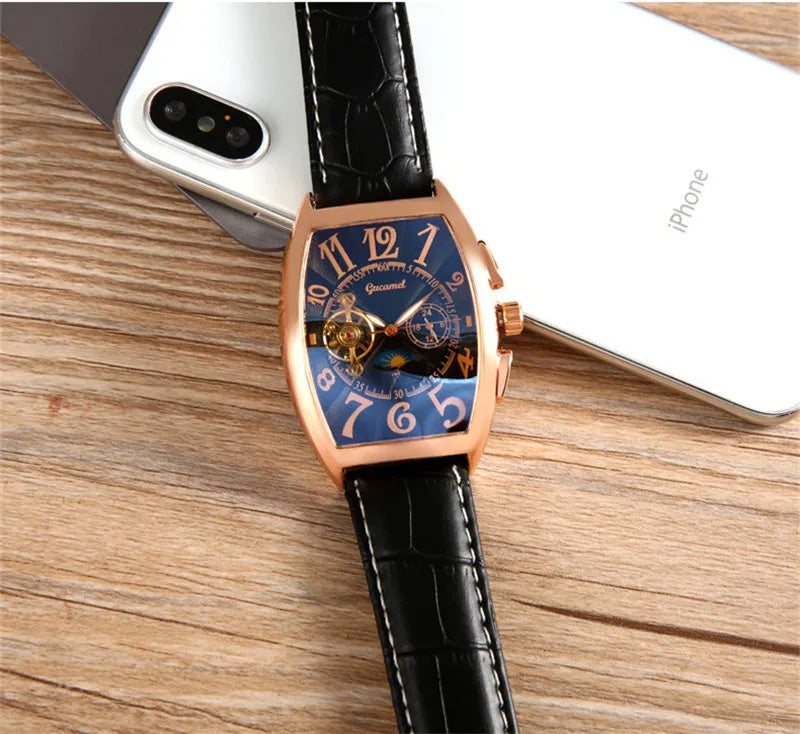 Luxury Hollow Automatic Mechanical Watch Men Tourbillon Clock Fashion Soft Leather Strap Business Watches Male Relogio Masculino