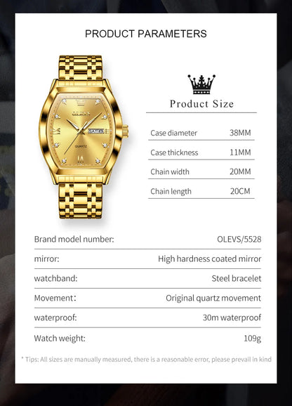 OLEVS New Men's Watches Quartz Luxury Gold Watch Classics Tonneau Dial Top Brand Waterproof Luminous Quartz Watch for Men 5528