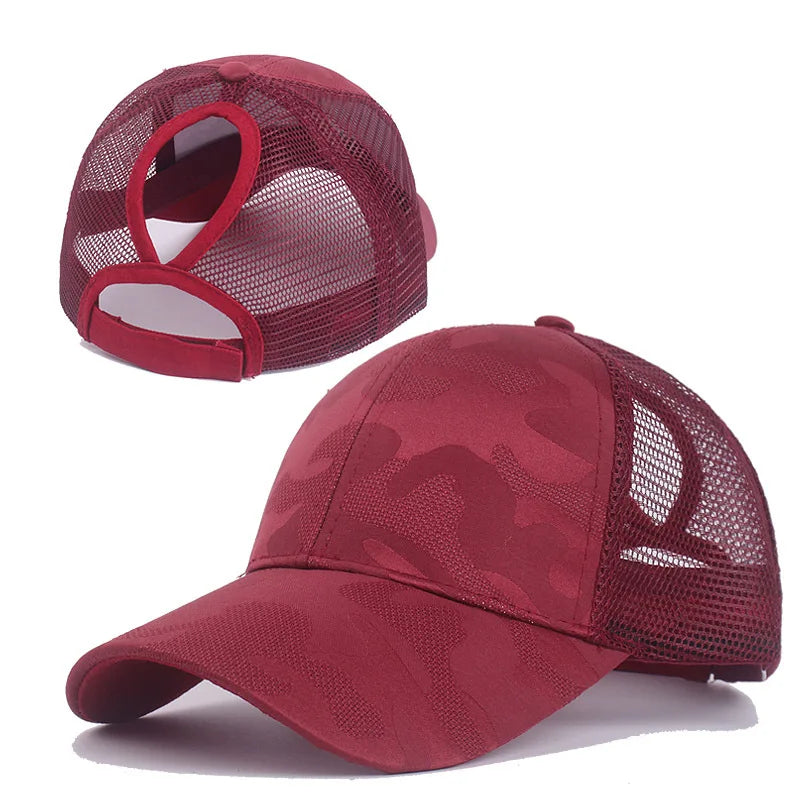 2023 Women Summer Ponytail Baseball Cap Cotton Camouflage Print Mesh Hat Adjustable Sports Golf Hat Girl Outdoor Casual Sun Hat