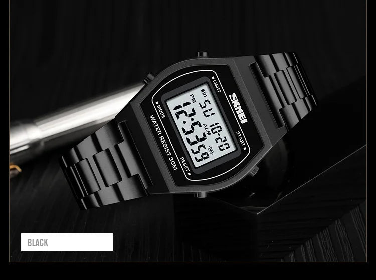 Skmei Unisex Digital Sport's Watches Stainless Steel Strap Led Waterproof 12/24 Hour Format Electronic Alarm Clock