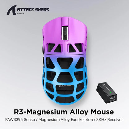 ATTACK SHARK R3 -pelihiiri, magnesiumseoksesta valmistettu hunajakennorakenne, ultrakevyt 8K Hz, PAW3395-sensori, 26000 DPI, ergonominen kuori