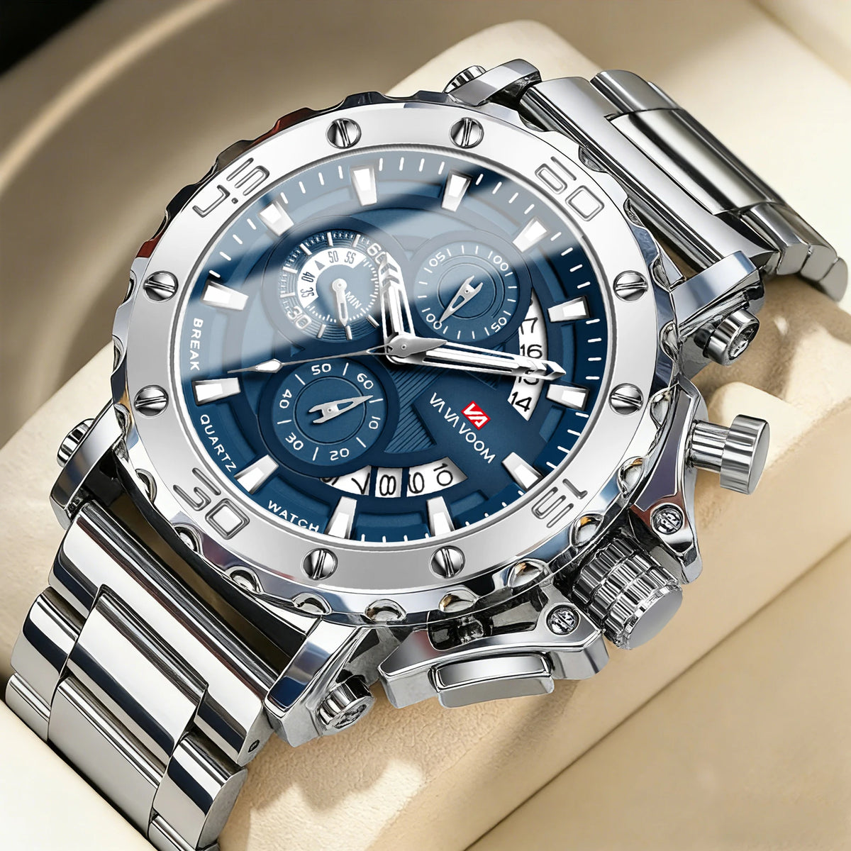 Montre chronographe VA VA VOOM pour homme, calendrier, lumineuse, étanche, montre de luxe en acier inoxydable à quartz.