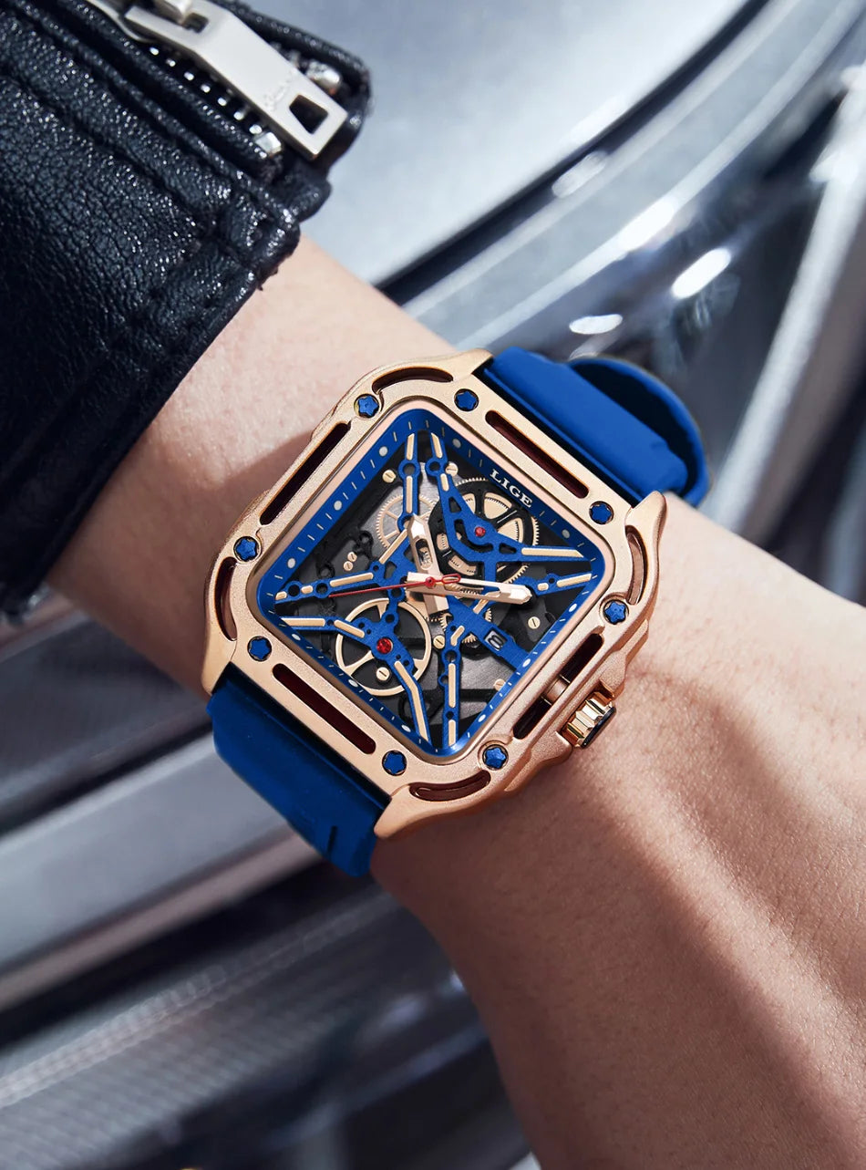 LIGE New Fashion Men Watches Luxury Large Dial Square Design Quartz Watch Casual Silicone Band Men's Sports Watches Reloj Hombre