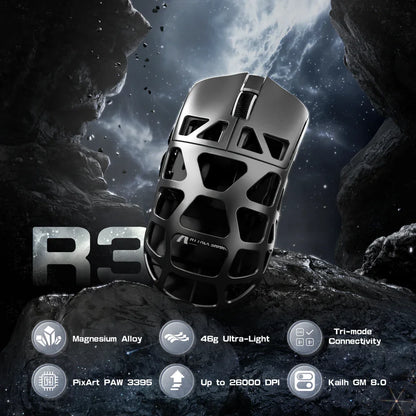 Mysz gamingowa ATTACK SHARK R3 ze stopu magnezu 8K SUPERLIGHT, 8000Hz, 6 regulowanych poziomów DPI do 26000, PAW3395, BT/2.4G, bezprzewodowa/przewodowa