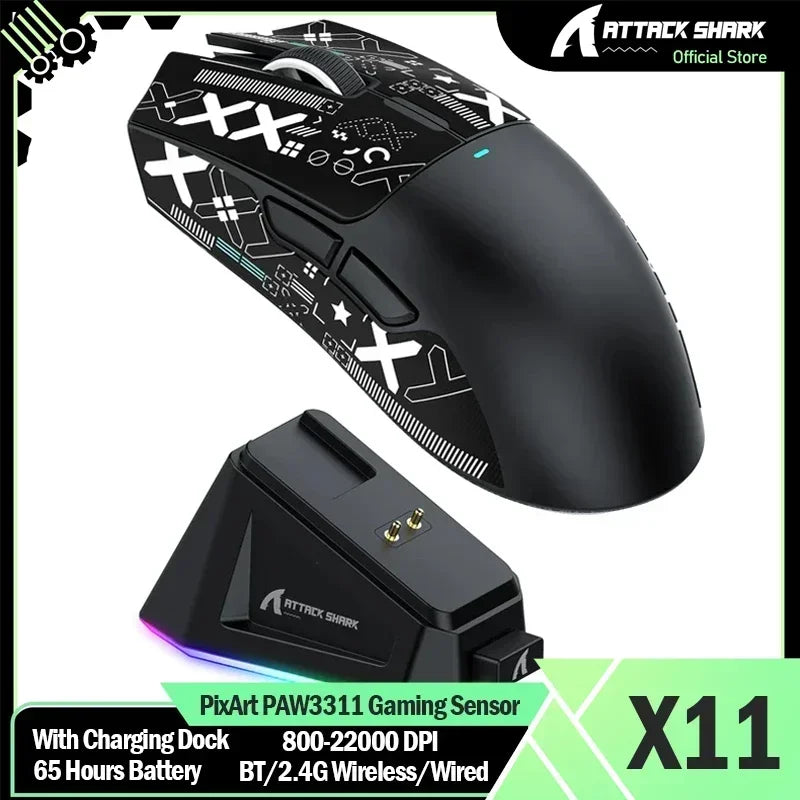 Alkuperäinen tuotemerkki ATTACK SHARK X11 langaton pelihiiri lataustelakalla, PixArt PAW3311 -pelisensori, Origin BT/2.4G langaton/langallinen