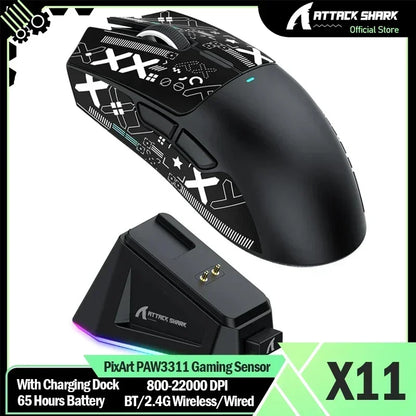 Alkuperäinen tuotemerkki ATTACK SHARK X11 langaton pelihiiri lataustelakalla, PixArt PAW3311 -pelisensori, Origin BT/2.4G langaton/langallinen