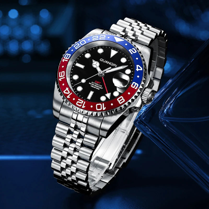 GUANQIN GMT Men's Watches 2025 New Atuomatic Watch Men NH34 Mechanical Wristwatch Sapphire Glass Stainless Steel Clock Left Hand