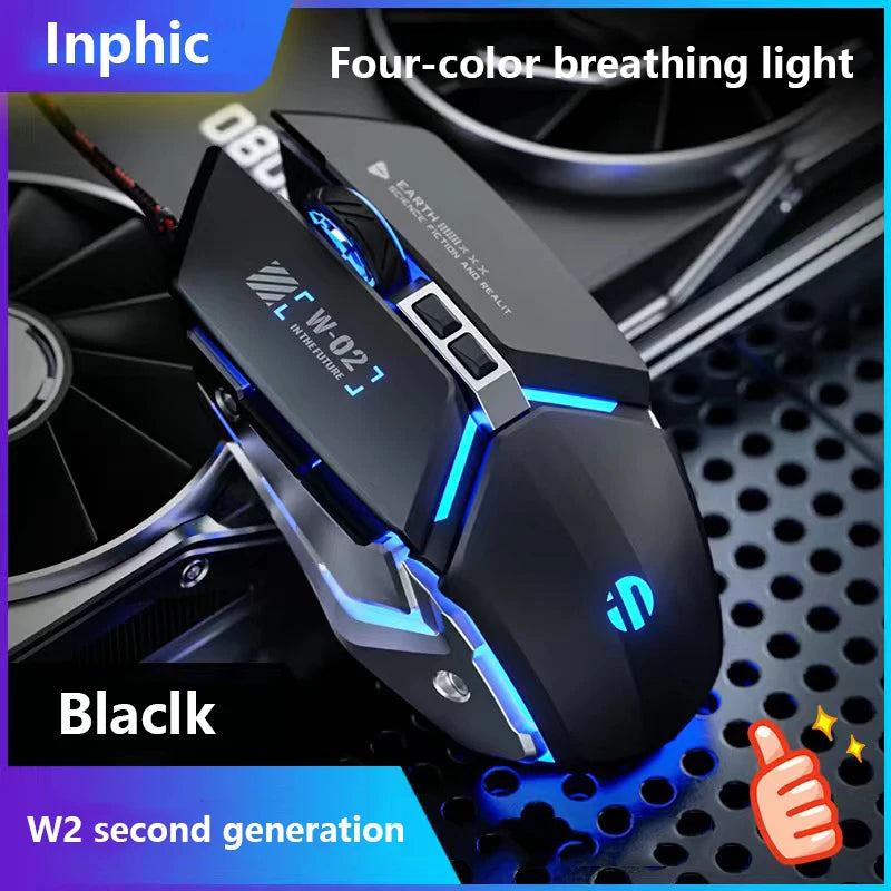 Inphic W2 2. generace USB kabelová herní myš, tiché kliknutí, kovový styl, 6 tlačítek s programováním maker, 8800DPI