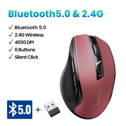 UGREEN belaidė pelė Bluetooth5.0, ergonomiška 4000DPI pelė su 6 tyliais mygtukais, skirta MacBook, planšetėms, nešiojamiesiems kompiuteriams, kompiuteriams ir PC, 2.4G pelė