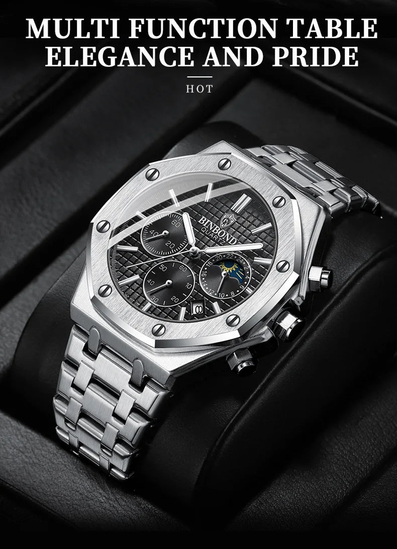 BINBOND 0161 Brand Man Quartz Watch Luxury Luminous Chronograph Wristwatch Stainless Steel Waterproof Men Date Calendar Clock