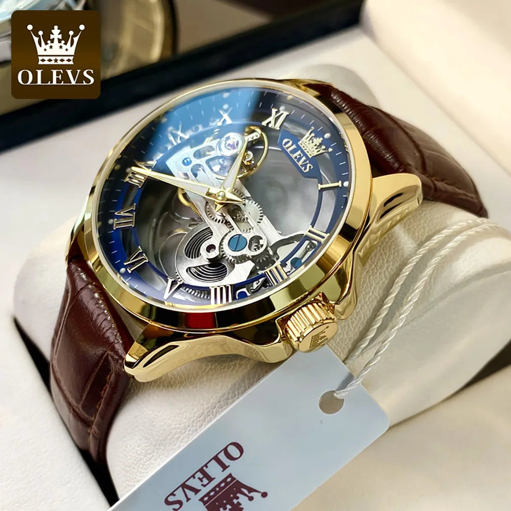 OLEVS Skeleton Automatic Mechanical Watch Men Leather Strap Luminous Waterproof Luxury Business Wristwatch For Man 6661