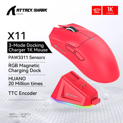 Herní myš ATTACK SHARK X11 a bezdrátová myš X11 SE, 22000 DPI, snímač PAW3311, BT/2.4G/kabelové připojení, lehká 59g konstrukce, 2000W kliknutí