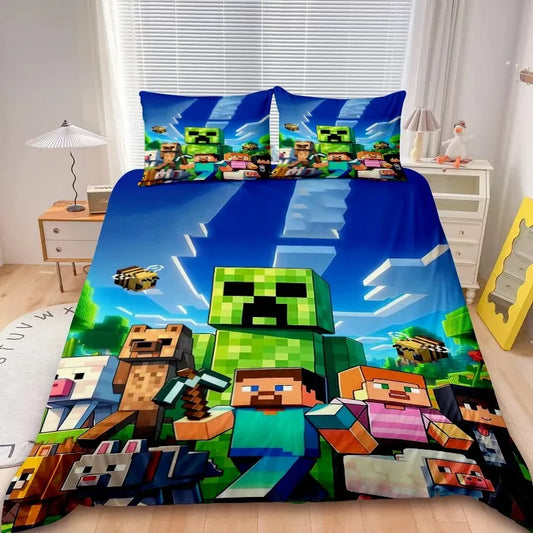 Capa de Edredão Minecraft 2/3 Peças Game My World, Conjunto de Cama Monster Hunters, Capa de Edredão Individual para Quarto de Rapazes e Crianças