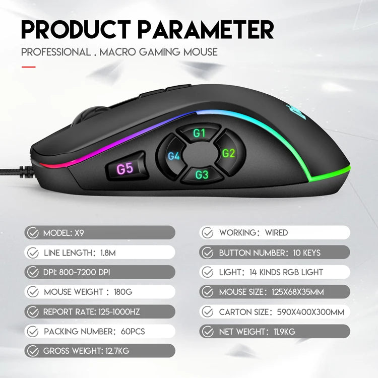 Kancelářská herní myš s kabelem 7200DPI, RGB podsvícení, 6 nastavitelných úrovní DPI, 10 programovatelných tlačítek, tlačítko návratu na plochu