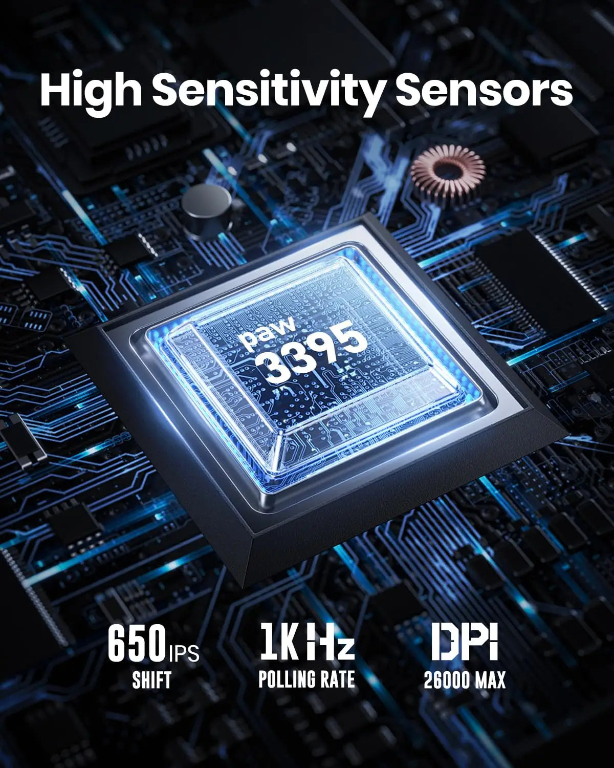 GravaStar Mercury M2 bezdrátová herní myš, lehká odlehčená konstrukce, 5 programovatelných úrovní DPI, 26,000 DPI, senzor PAW3395DM