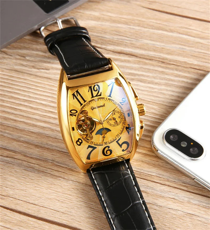 Luxury Hollow Automatic Mechanical Watch Men Tourbillon Clock Fashion Soft Leather Strap Business Watches Male Relogio Masculino