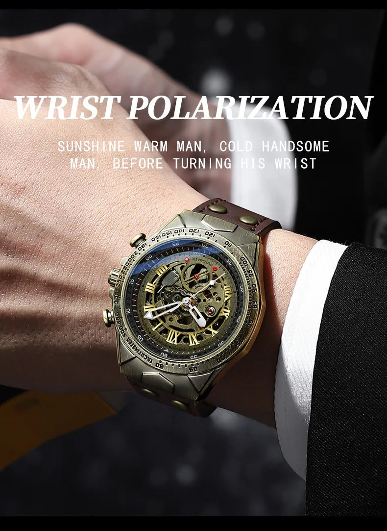 UTHAI Retro Men Watch Business Waterproof Bronze Automatic Mechanical Machine Watch Leather Strap Male Fashion Clock Wristwatch
