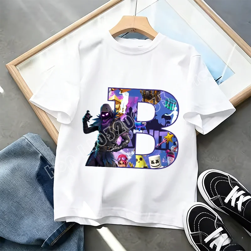 Tricou Fortnite cu imprimeu alfabet A-Z, de vară, pentru copii, alb, îmbrăcăminte cu joc cartoon popular, tricou fashion casual cu mânecă scurtă, cadou