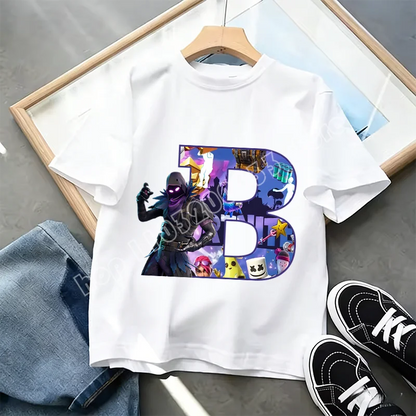 Tricou Fortnite cu imprimeu alfabet A-Z, de vară, pentru copii, alb, îmbrăcăminte cu joc cartoon popular, tricou fashion casual cu mânecă scurtă, cadou