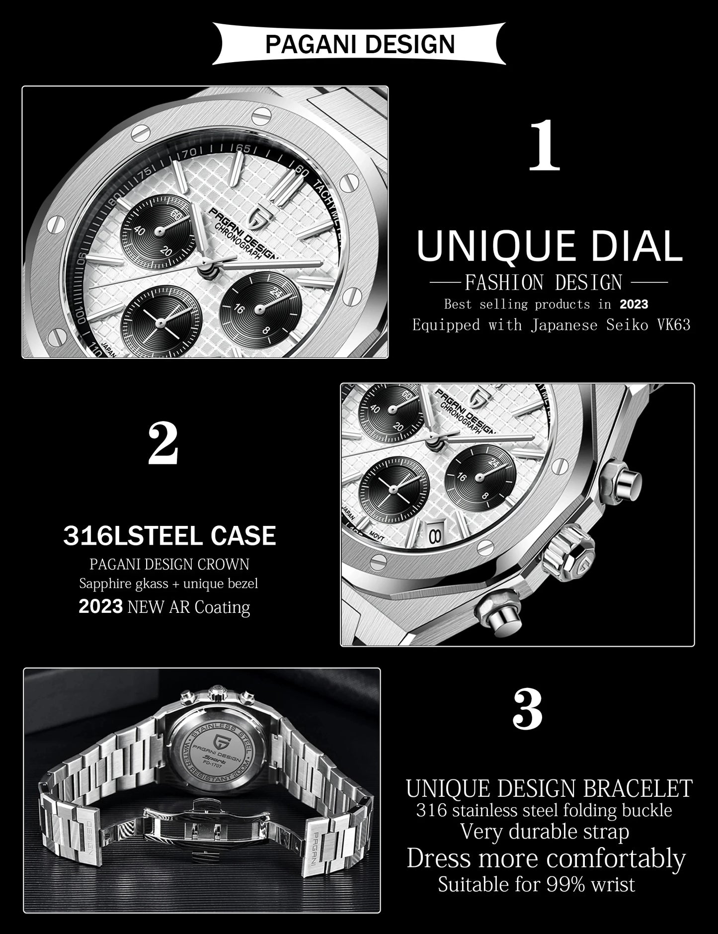2025 PAGANI DESIGN PD1707 Mens Quartz Wristwatches 40MM Stainless Steel Sapphire Glass Waterproof Luxury Clock Gift Reloj Hombre
