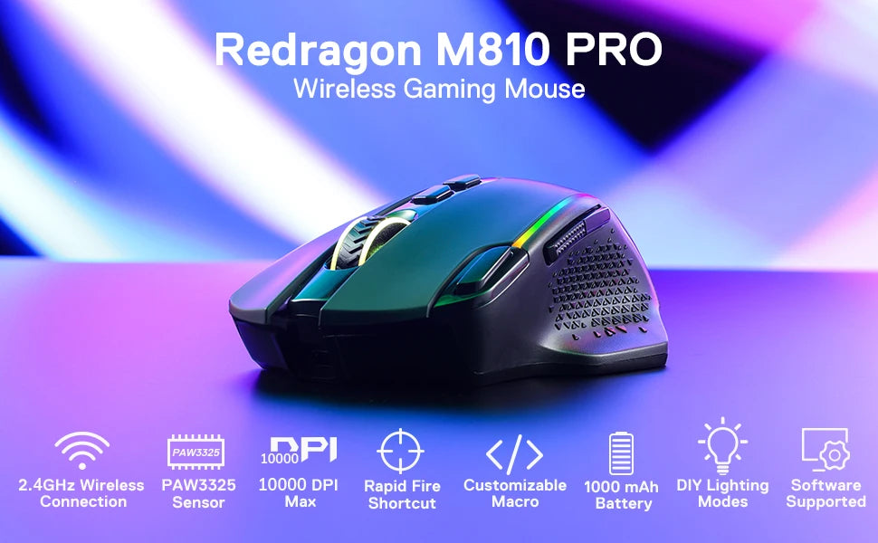 Redragon M810 Pro Ασύρματο Gaming Ποντίκι, 10000 DPI Ενσύρματο Ποντίκι Gamer με Πλήκτρο Rapid Fire, 8 Κουμπιά Macro, Μαύρο/Λευκό Ποντίκι