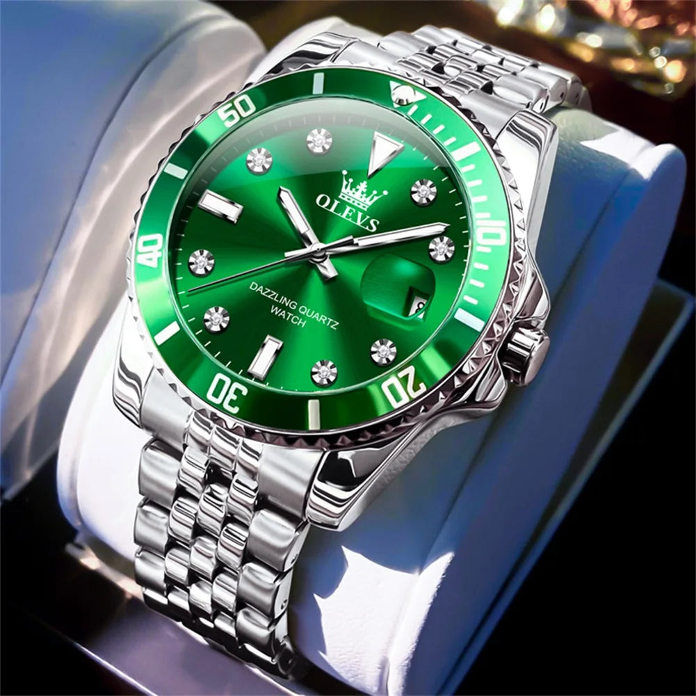 Montre pour homme OLEVS – Montre de luxe, style professionnel, étanche, avec affichage de la date, aiguilles luminescentes, boîtier en acier inoxydable et cadran bleu – Montre à quartz