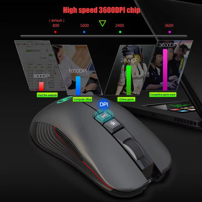 Dobíjecí bezdrátová USB myš pro pravou ruku s Type-C pro notebook a počítač, tiché klikání, podsvícená herní myš 3600cpi