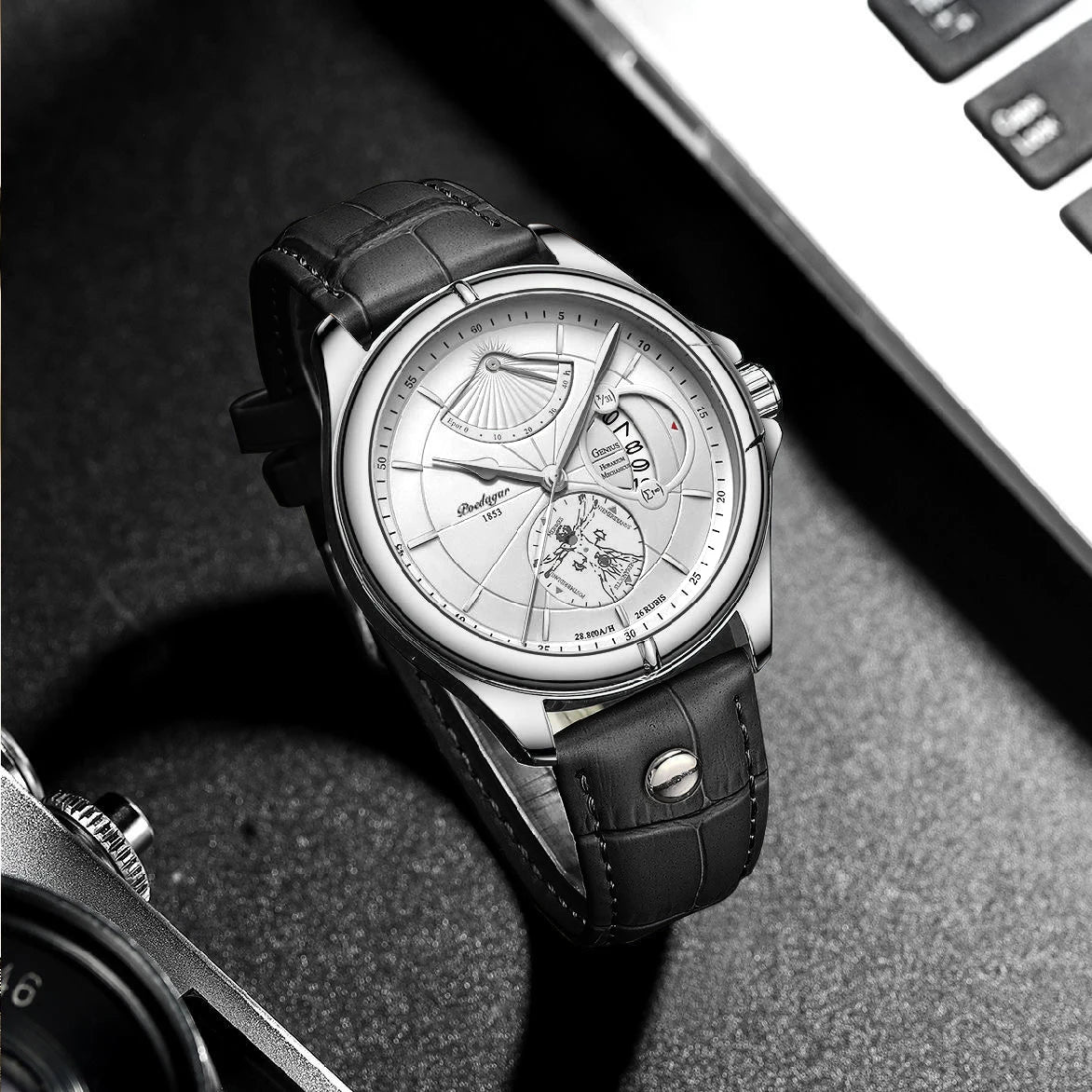 Montre-bracelet à quartz POEDAGAR pour homme – Style business, luxe, étanche, lumineuse, avec affichage de la date et bracelet en cuir – Montre élégante pour homme