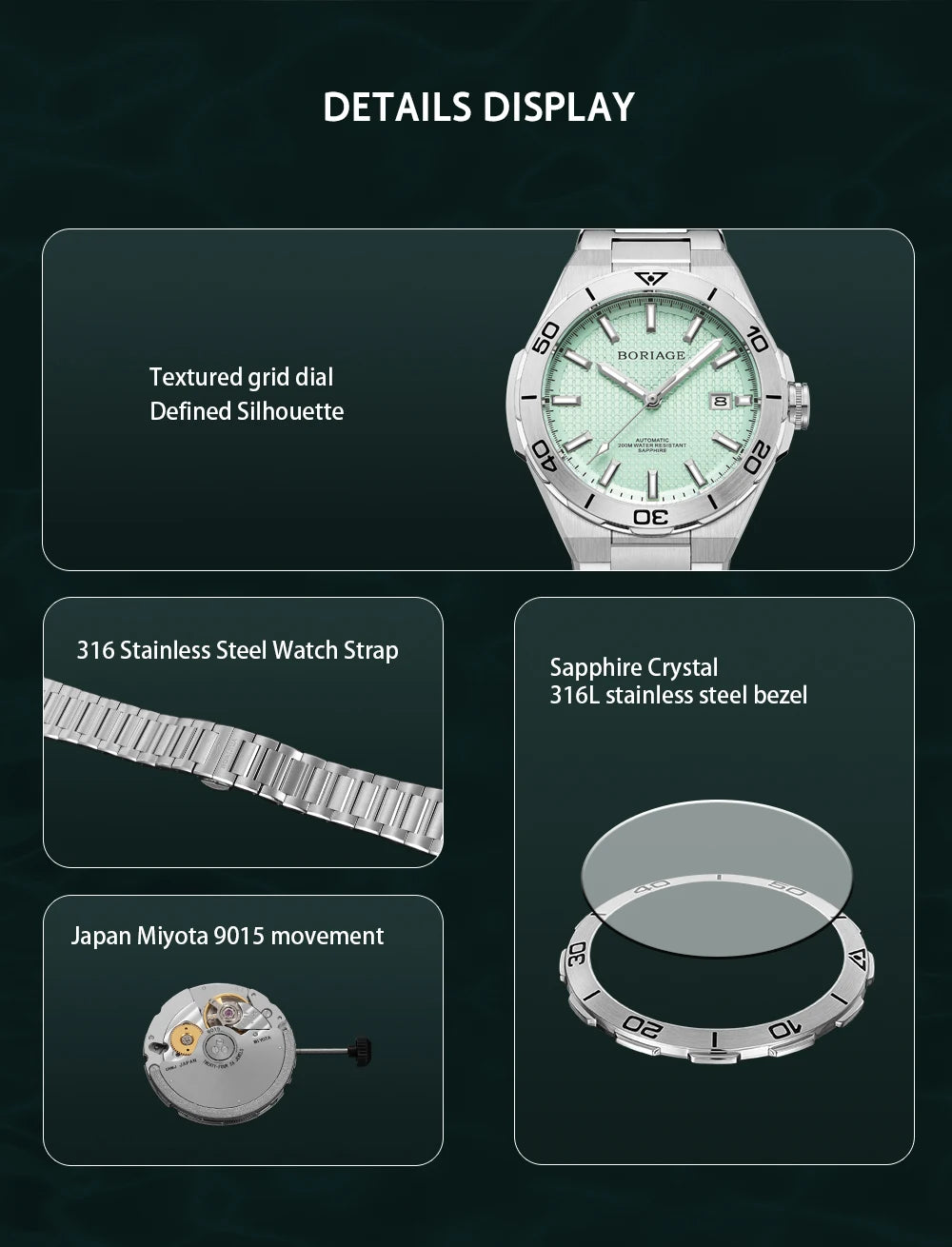 BORIAGE Fully automatic mechanical men's watch BGW9 luminous watch MIYOTA9015 movement 316 stainless steel 200m Water Resistance