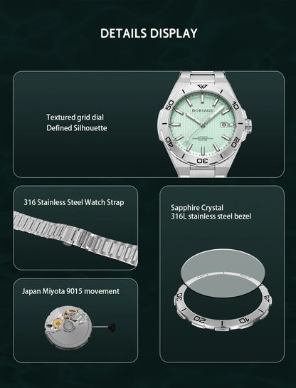 BORIAGE Fully automatic mechanical men's watch BGW9 luminous watch MIYOTA9015 movement 316 stainless steel 200m Water Resistance
