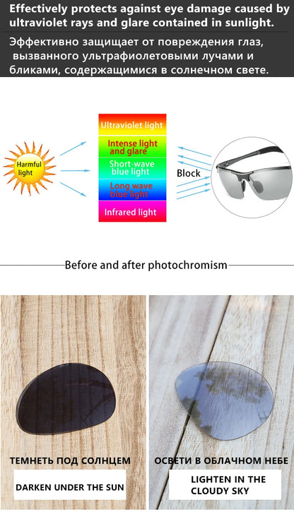 CLLOIO Aluminum Rimless Photochromic Sunglasses Men Polarized Driving Chameleon Anti-Glare Glasses Travel Fishing Goggle UV400