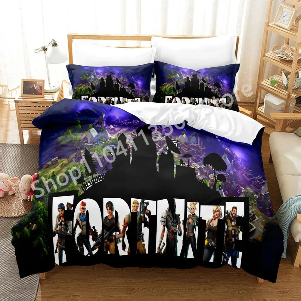 F-Fortnite 3PCS Bedding Set Battle Royale Kids Duvet Cover Quilt Pillowcase Double Size Victory Game Bedroom Linen Decoration