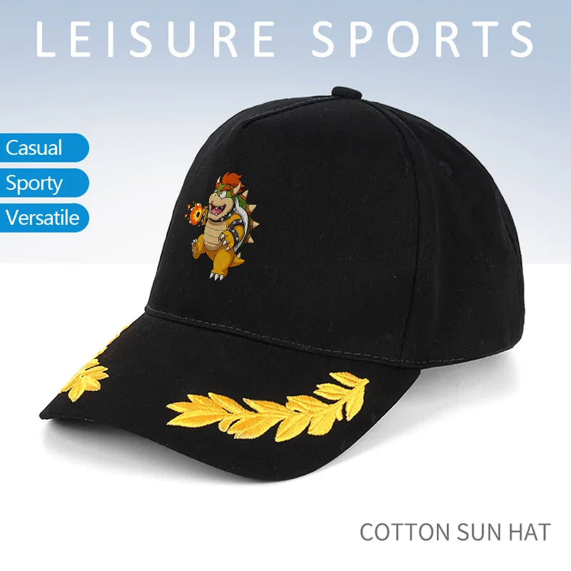 Bowser Embroidered Baseball Cap Black with Yellow Laurel Wreath Design Classic Adjustable Hat for Fans of Super Mario Series
