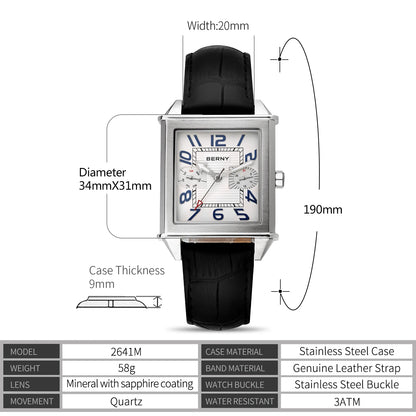 BERNY 6P25 Quartz Watch for Men Golden New Square Wristwatch Vintage Day Top Leather 3ATM Waterproof Luxury Watch Male