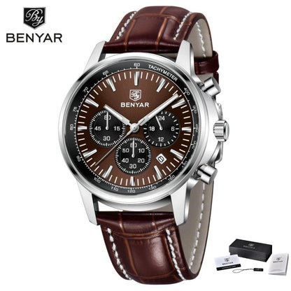 Relógio de luxo para homem Benyar – Cronógrafo com data, bracelete em pele, estanque, luminescente, estilo desportivo e militar, relógio de quartzo