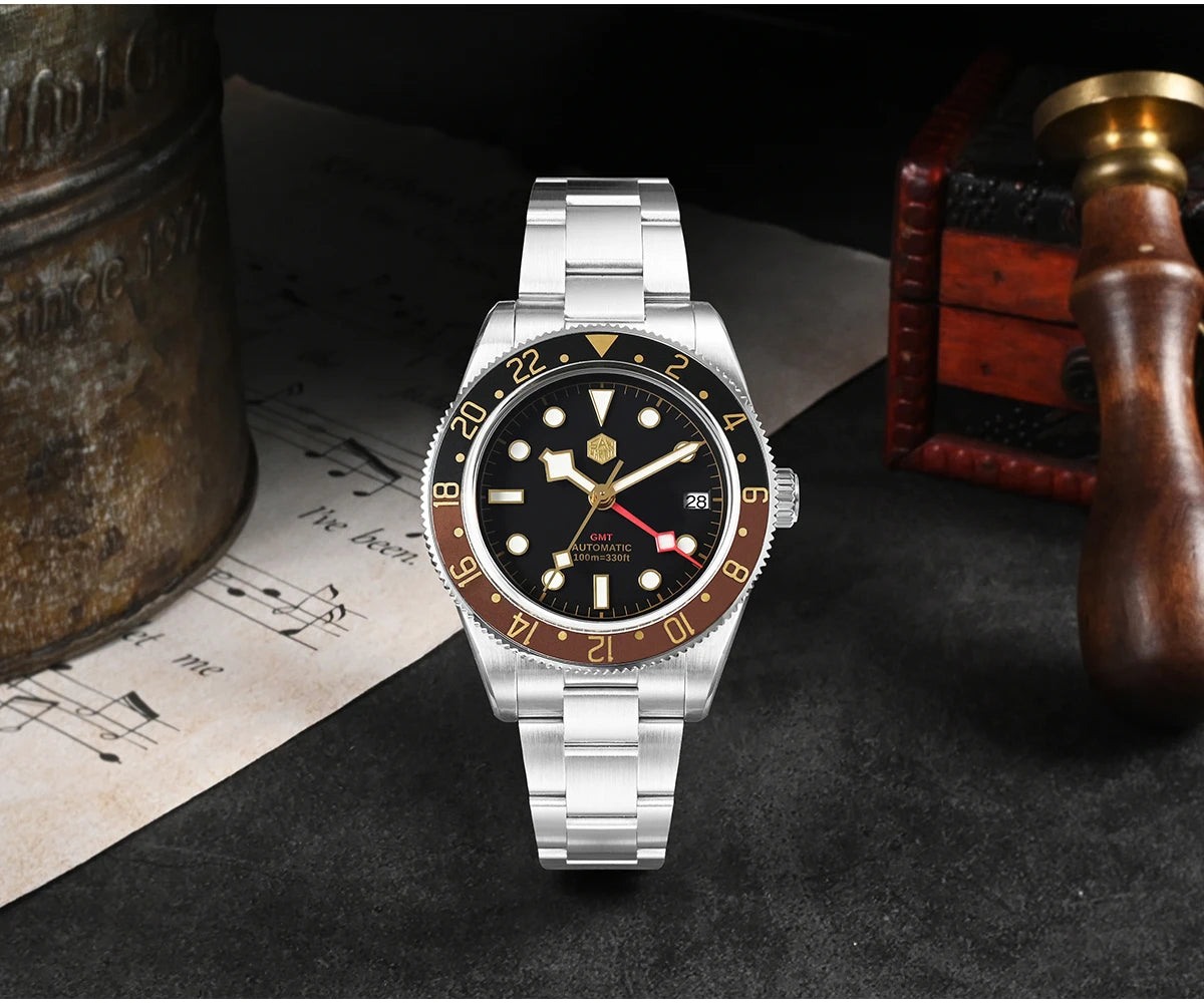 San Martin 39mm NH34 GMT Men Luxury Watch Bidirectional Aluminum Bezel Automatic Mechanical Sapphire 100M Waterproof  SN0109