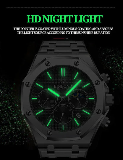 BINBOND 0161 Brand Man Quartz Watch Luxury Luminous Chronograph Wristwatch Stainless Steel Waterproof Men Date Calendar Clock