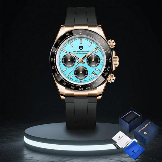 PAGANI DESIGN New Gold Blue Luxury Quartz Watch For Men Gift Box VK63 Movt Chronograph Sapphire Crystal Stainless Steel Watch