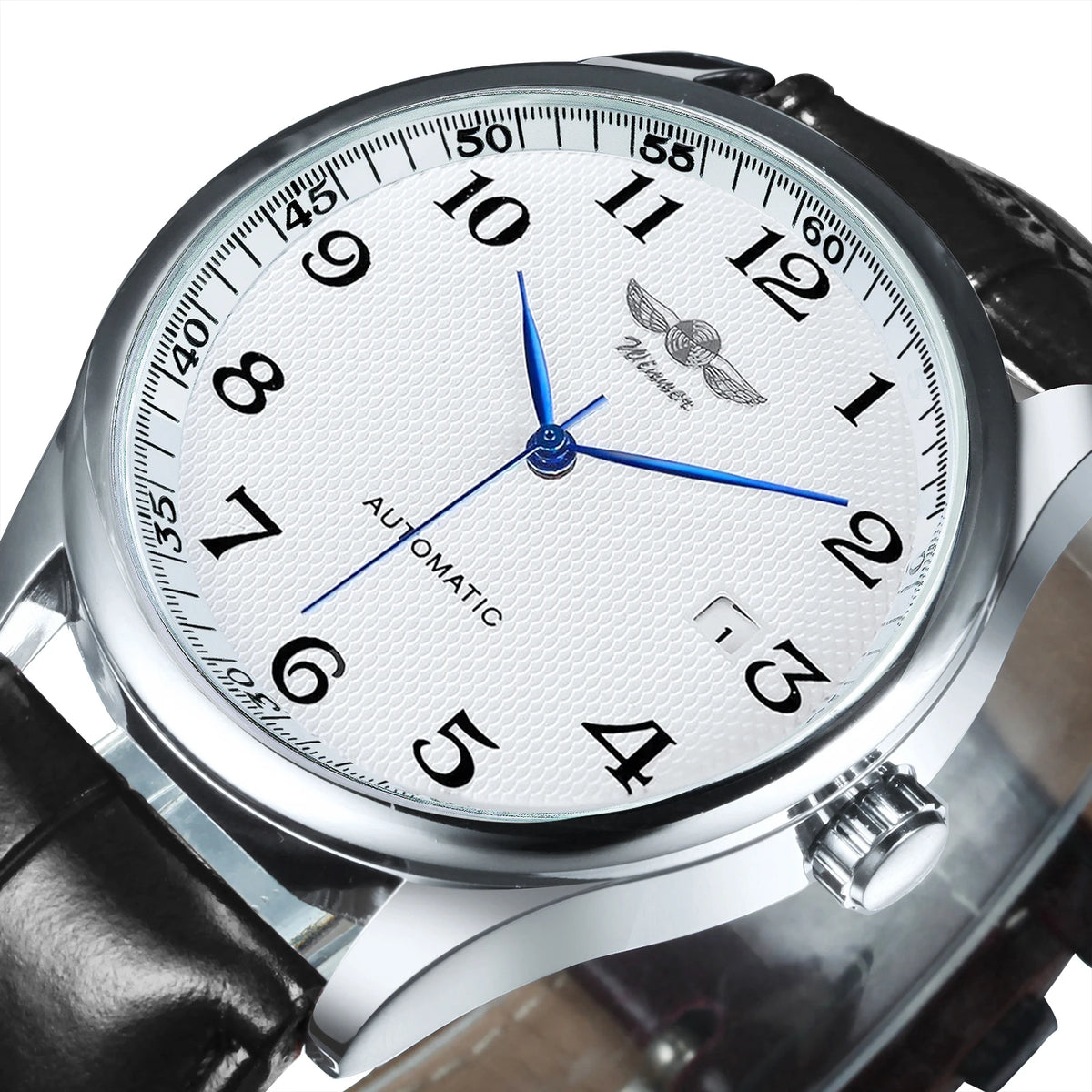 Relógio clássico para homem – Estilo retro com calendário e ponteiros azuis, movimento mecânico automático, marca de prestígio, caixa em aço e bracelete em pele