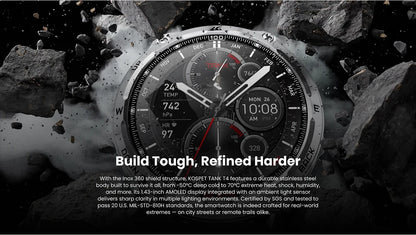 KOSPET Tank T4 Men's Rugged Smart Watch Military Grade Full Stainless Steel GPS 100M Waterproof 45M Freediving Health Monitor