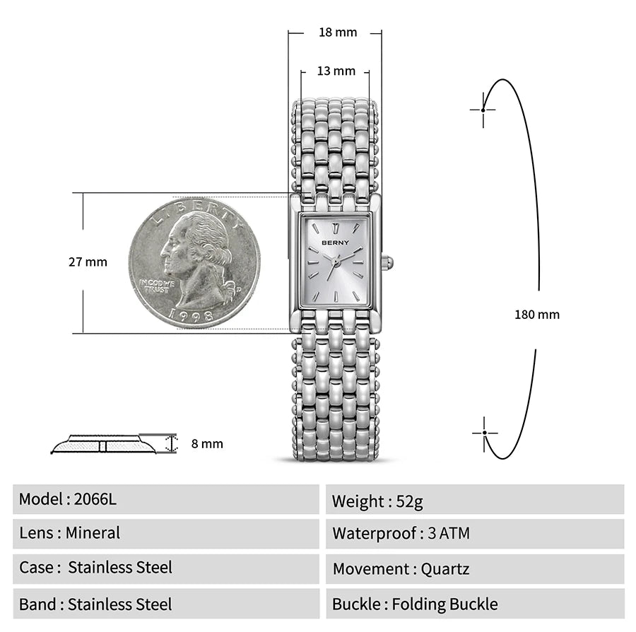 BERNY Square Watch for Women Quartz Ladies Wristwatches Stainless Steel Women Small Dial Watch Luxury Casual Fashion Watches