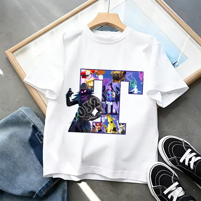 Tricou Fortnite cu imprimeu alfabet A-Z, de vară, pentru copii, alb, îmbrăcăminte cu joc cartoon popular, tricou fashion casual cu mânecă scurtă, cadou
