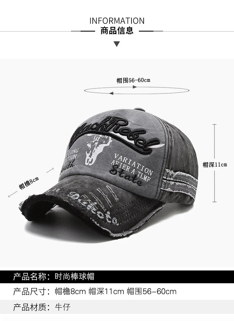 Vintage Embroidery Letter Bull Washed Baseball Cap, Retro Sun Hat for Men Women, Casual Hip Hop Peak Cap