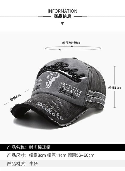 Vintage Embroidery Letter Bull Washed Baseball Cap, Retro Sun Hat for Men Women, Casual Hip Hop Peak Cap