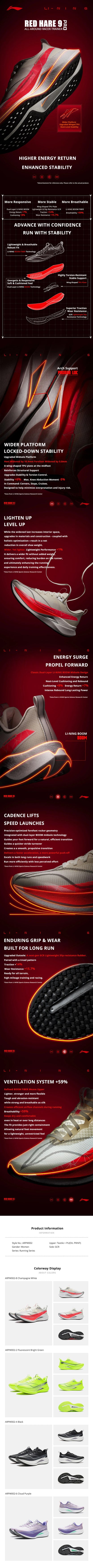 Li-Ning Women's RED HARE 9 PRO Racing Running Shoes BOOM FIBER Reflective Lightweight LiNing Training Sports Shoes ARPW002