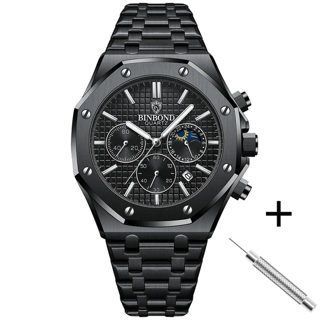 BINBOND 0161 Brand Man Quartz Watch Luxury Luminous Chronograph Wristwatch Stainless Steel Waterproof Men Date Calendar Clock