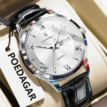 Trendy POEDAGAR men’s watch, leather strap, date and day display, luxury quartz watch, water-resistant, luminous, casual business style.