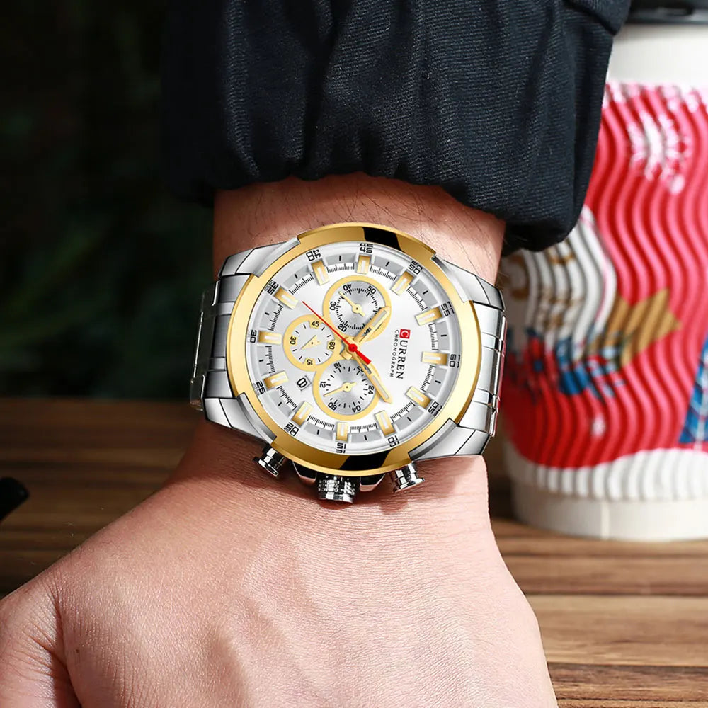 Relógio cronógrafo para homem CURREN, mostrador grande de 48 mm, bracelete em aço inoxidável, três submostradores, relógio de pulso desportivo de quartzo, estilo luxuoso